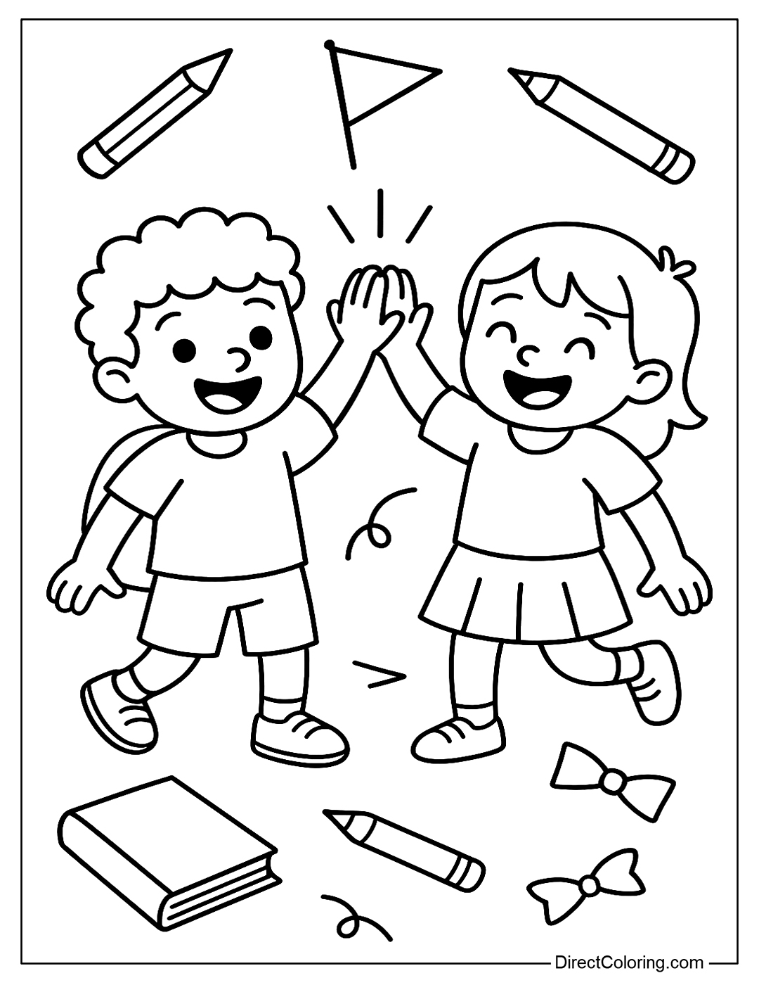 a coloring page of two kids happily high-fiving goodbye, surrounded by books, pens, and flags.